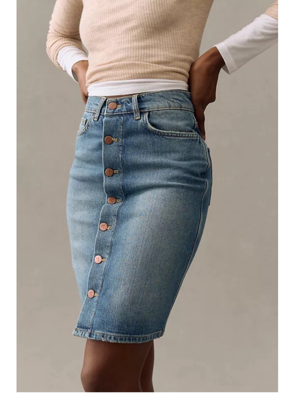 Pilcro Medium Blue Denim Button-Front Pencil Skirt